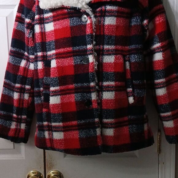 Steve Madden Red Navy Plaid Fleece Faux Fur Sherpa Lined Hooded Coat Sz S NWOT - Picture 2 of 10